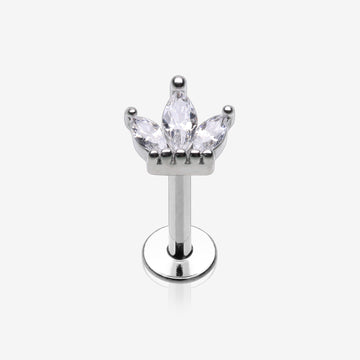 Brilliant Sparkle Marquise Lotus Flower Top Internally Threaded Steel Labret-Clear Gem
